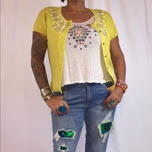 Embellished Yellow Short Sleeve Cardigan